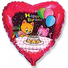 Фольгированное сердце, "С Днём рождения (коты с тортом и шариками), Красный 46 см"
